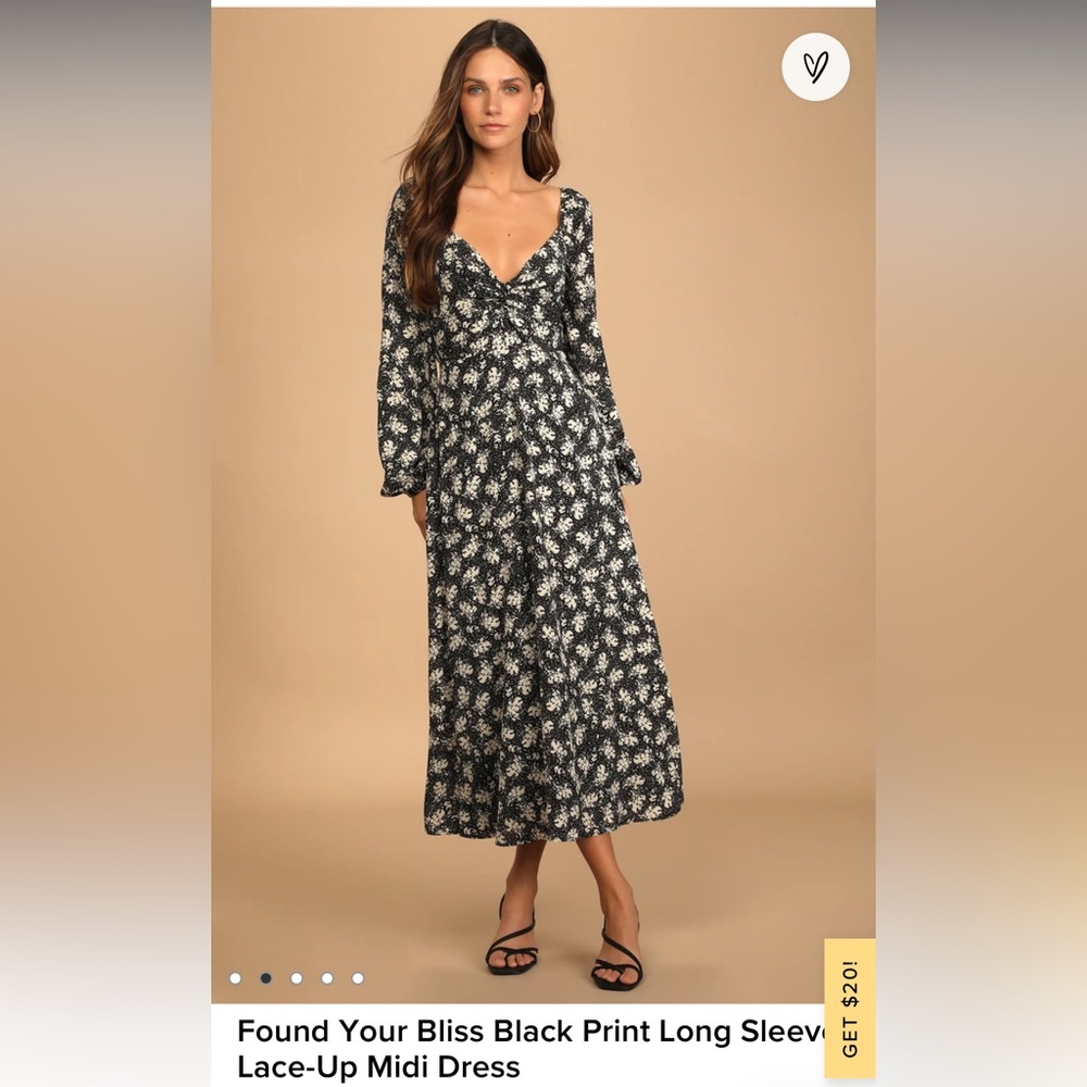 Lulus Found Your Bliss Black Print Long Sleeve Lace Up Midi Dress - Picture 2 of 6